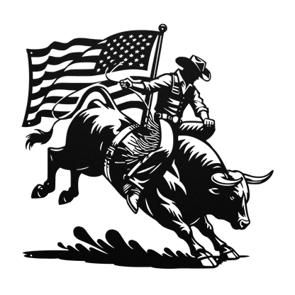 American Bull Rider With Flag Metal Wall Art - Western Rodeo Patriot Decor - MAIKERU STUDIO