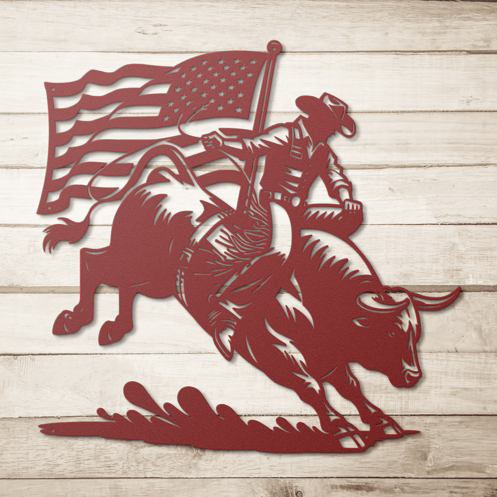 American Bull Rider With Flag Metal Wall Art - Western Rodeo Patriot Decor - MAIKERU STUDIO