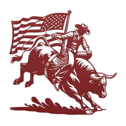 American Bull Rider With Flag Metal Wall Art - Western Rodeo Patriot Decor - MAIKERU STUDIO