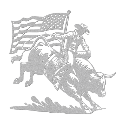 American Bull Rider With Flag Metal Wall Art - Western Rodeo Patriot Decor - MAIKERU STUDIO