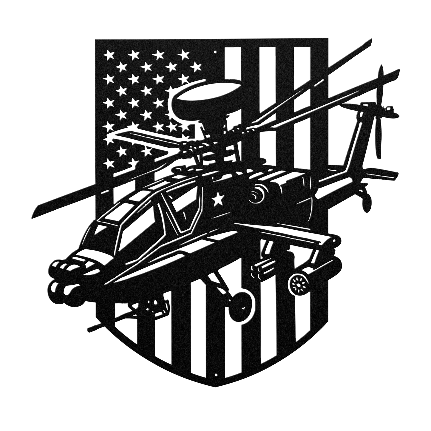Apache Helicopter Metal Wall Art | AH - 64 with American Flag - MAIKERU STUDIO
