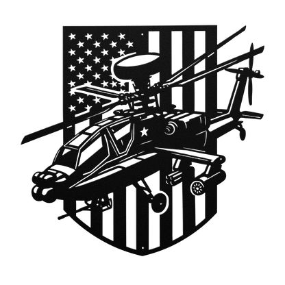 Apache Helicopter Metal Wall Art | AH - 64 with American Flag - MAIKERU STUDIO