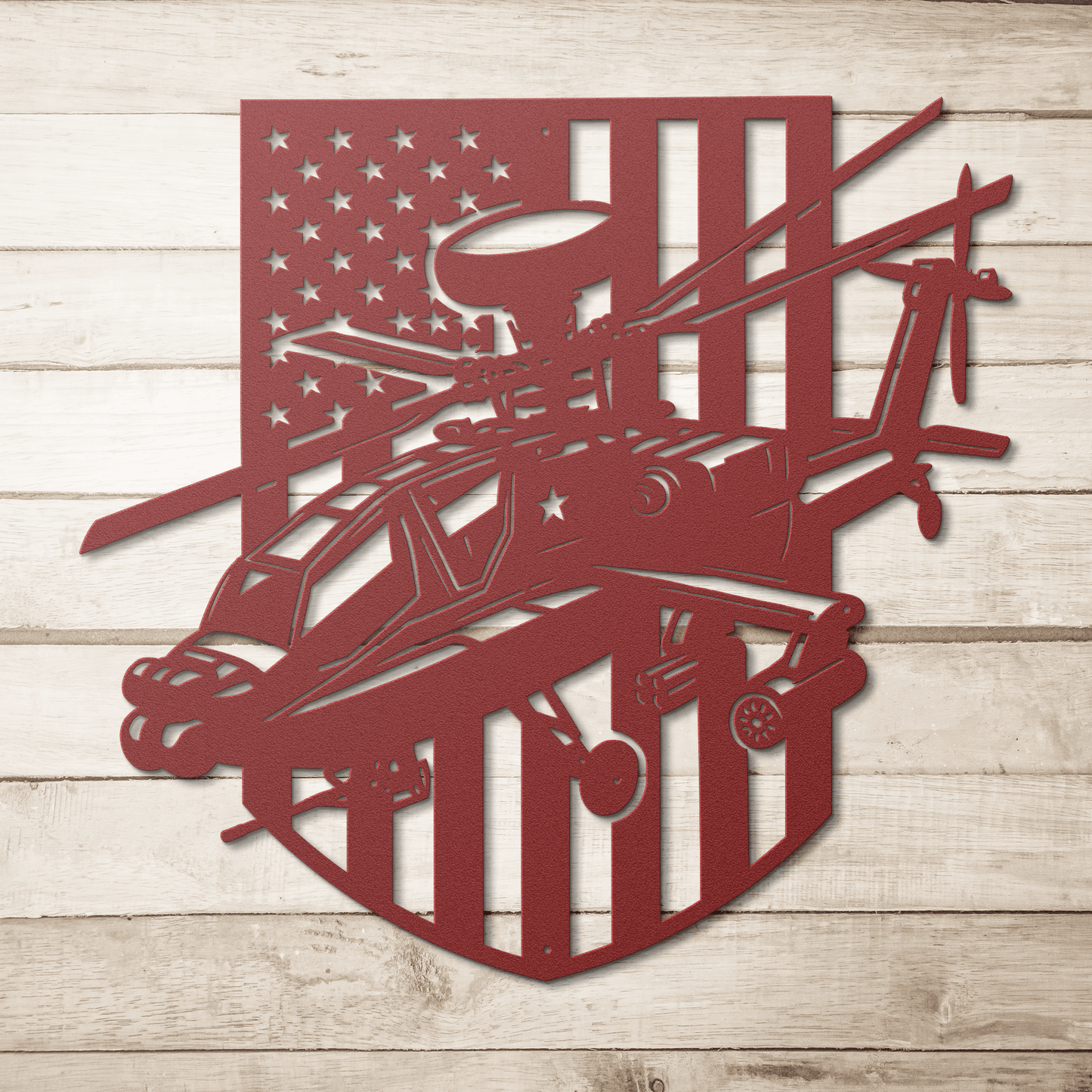 Apache Helicopter Metal Wall Art | AH - 64 with American Flag - MAIKERU STUDIO