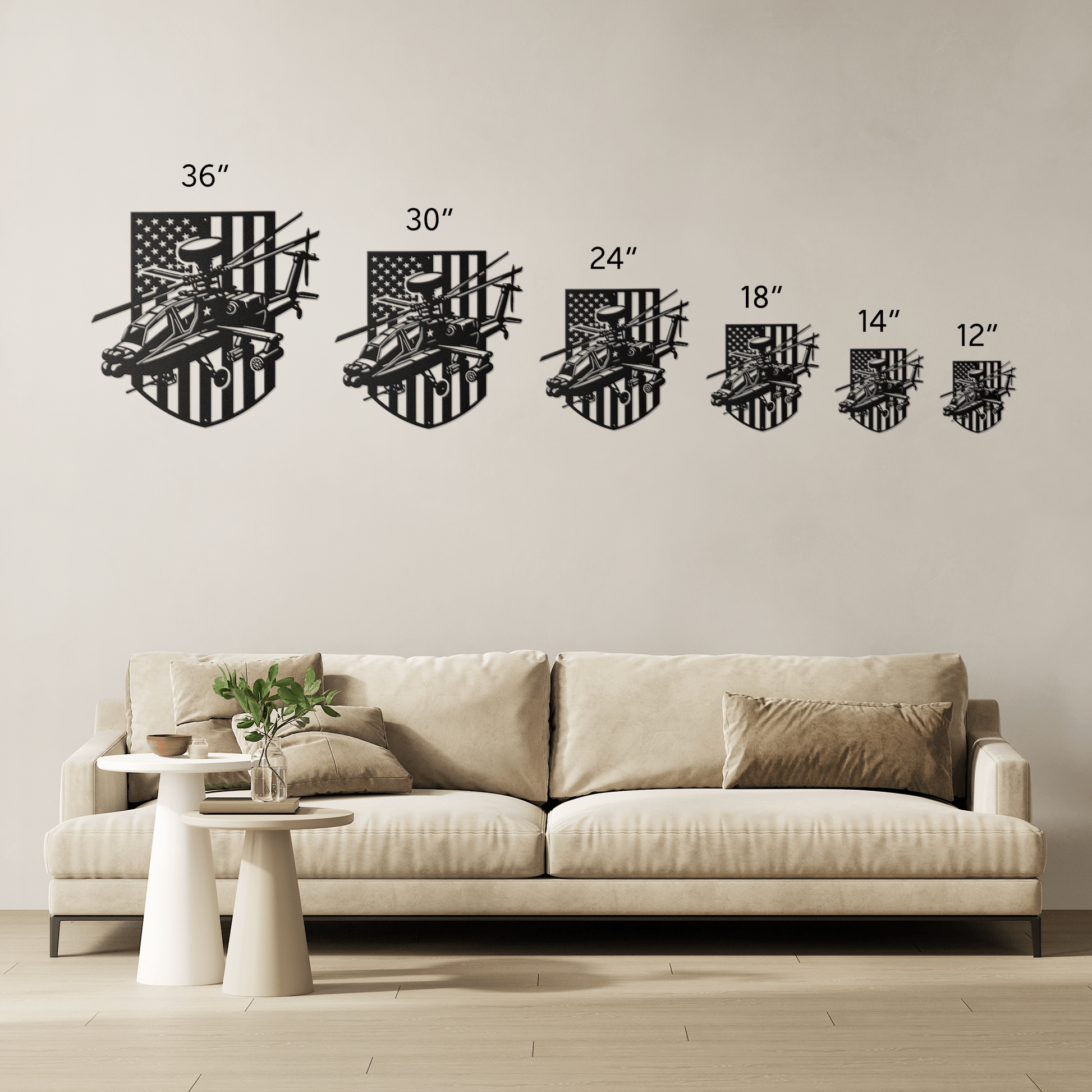 Apache Helicopter Metal Wall Art | AH - 64 with American Flag - MAIKERU STUDIO