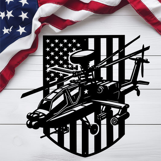 Apache Helicopter Metal Wall Art | AH - 64 with American Flag - MAIKERU STUDIO