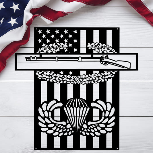 Combat Infantryman Badge & Jump Wings Metal Wall Art | American Flag Tribute - MAIKERU STUDIO
