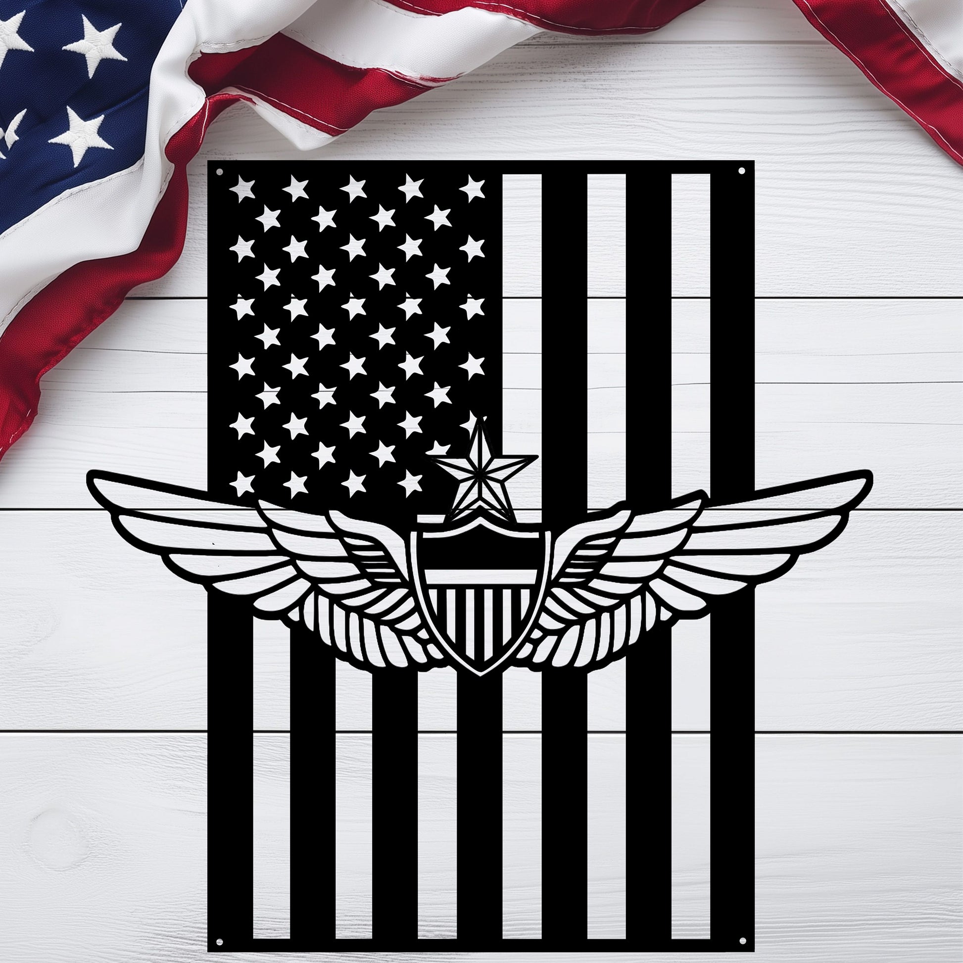 Senior Aviation Wings Badge | American Flag Wall Art Tribute - MAIKERU STUDIO