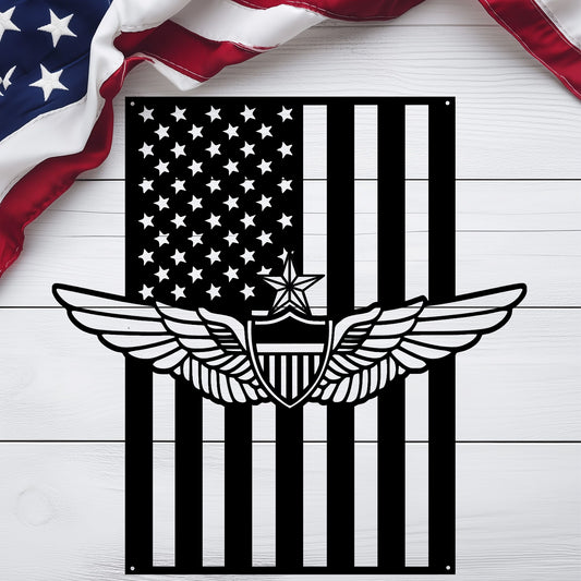 Senior Aviation Wings Badge | American Flag Wall Art Tribute - MAIKERU STUDIO