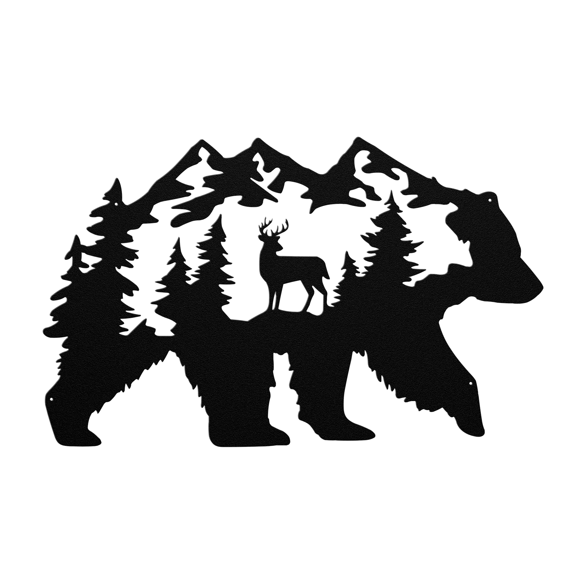 Bear With Deer Mountain Scene Metal Wall Art - MAIKERU STUDIO