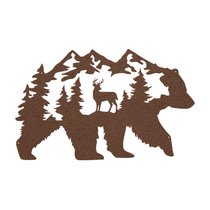Bear With Deer Mountain Scene Metal Wall Art - MAIKERU STUDIO