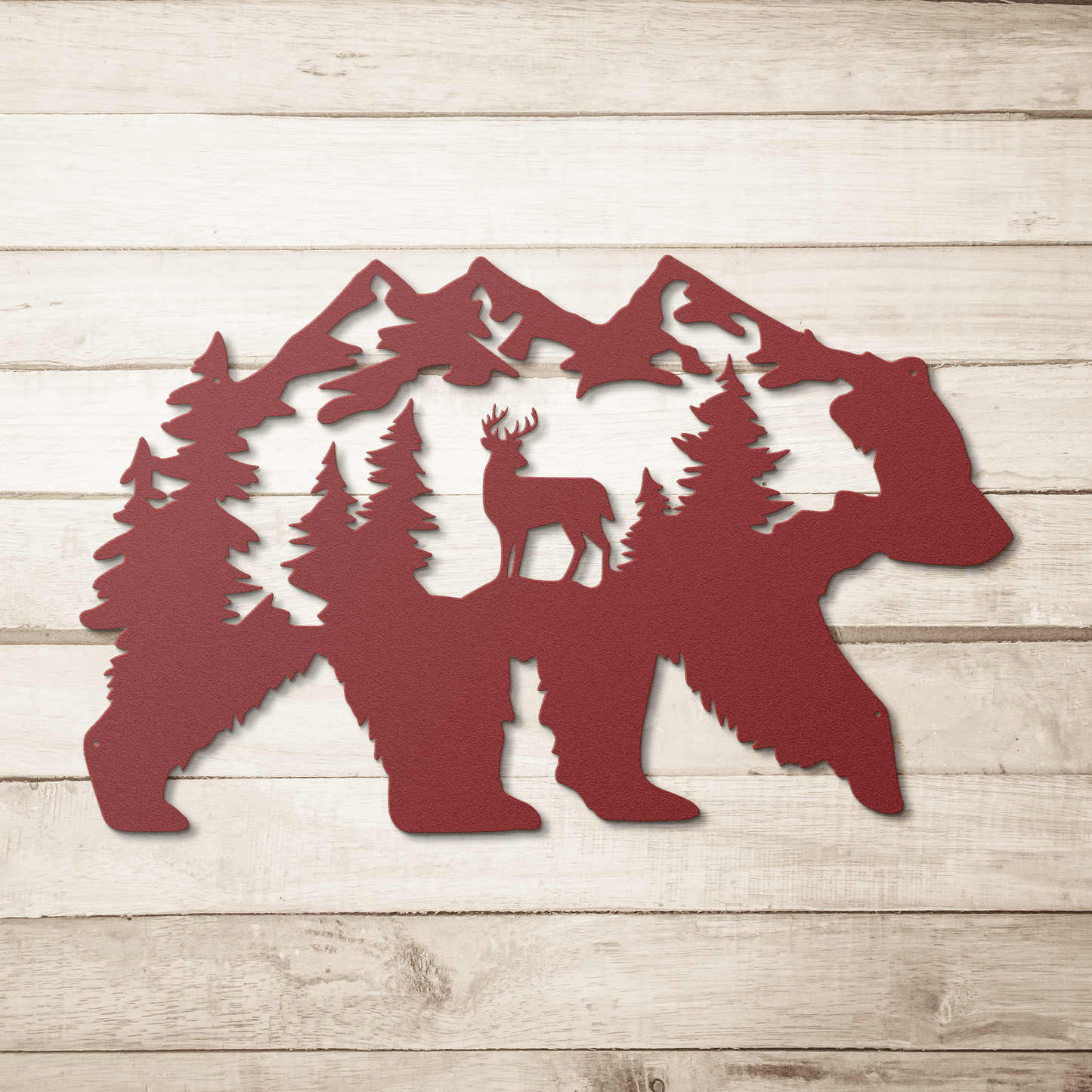 Bear With Deer Mountain Scene Metal Wall Art - MAIKERU STUDIO