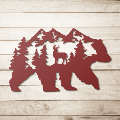 Bear With Deer Mountain Scene Metal Wall Art - MAIKERU STUDIO