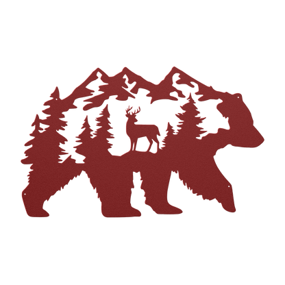Bear With Deer Mountain Scene Metal Wall Art - MAIKERU STUDIO