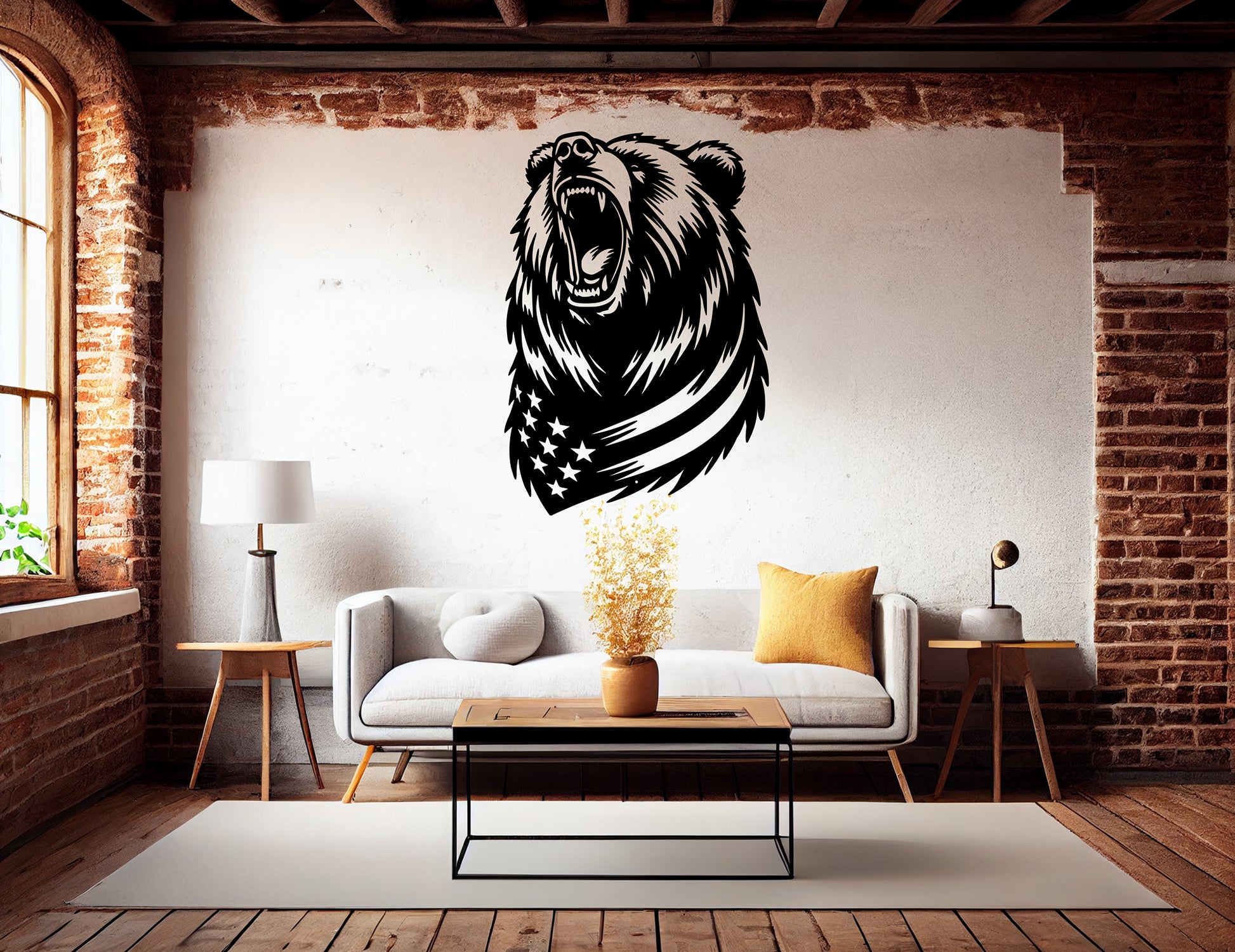Roaring Grizzly Bear With American Flag Metal Wall Art - Patriotic Wilderness Decor - MAIKERU STUDIO