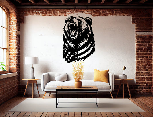 Roaring Grizzly Bear With American Flag Metal Wall Art - Patriotic Wilderness Decor - MAIKERU STUDIO