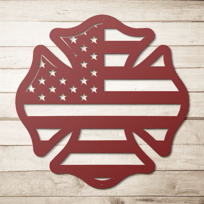US Firefighters Maltese Cross With American Flag Metal Wall Art - MAIKERU STUDIO