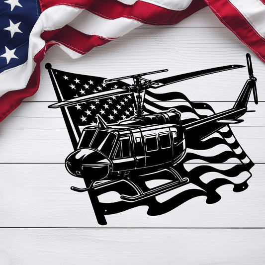 Huey Helicopter Metal Wall Art | Vietnam War Tribute With American Flag - MAIKERU STUDIO