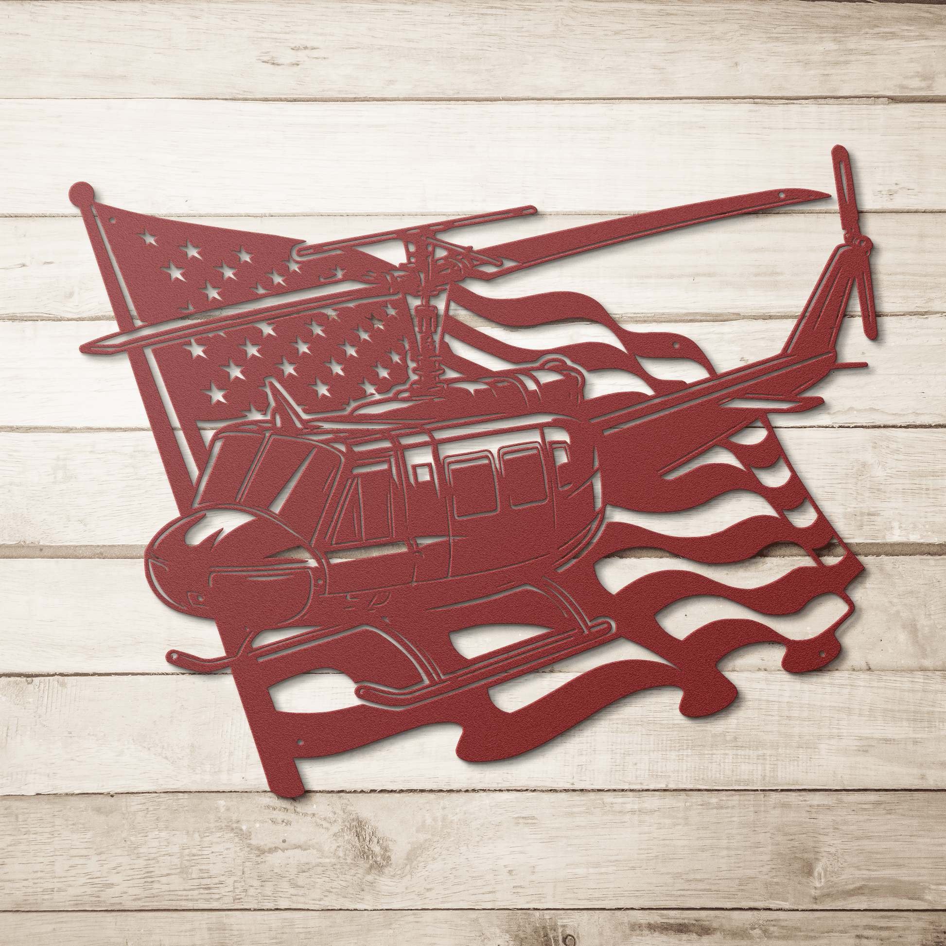 Huey Helicopter Metal Wall Art | Vietnam War Tribute With American Flag - MAIKERU STUDIO