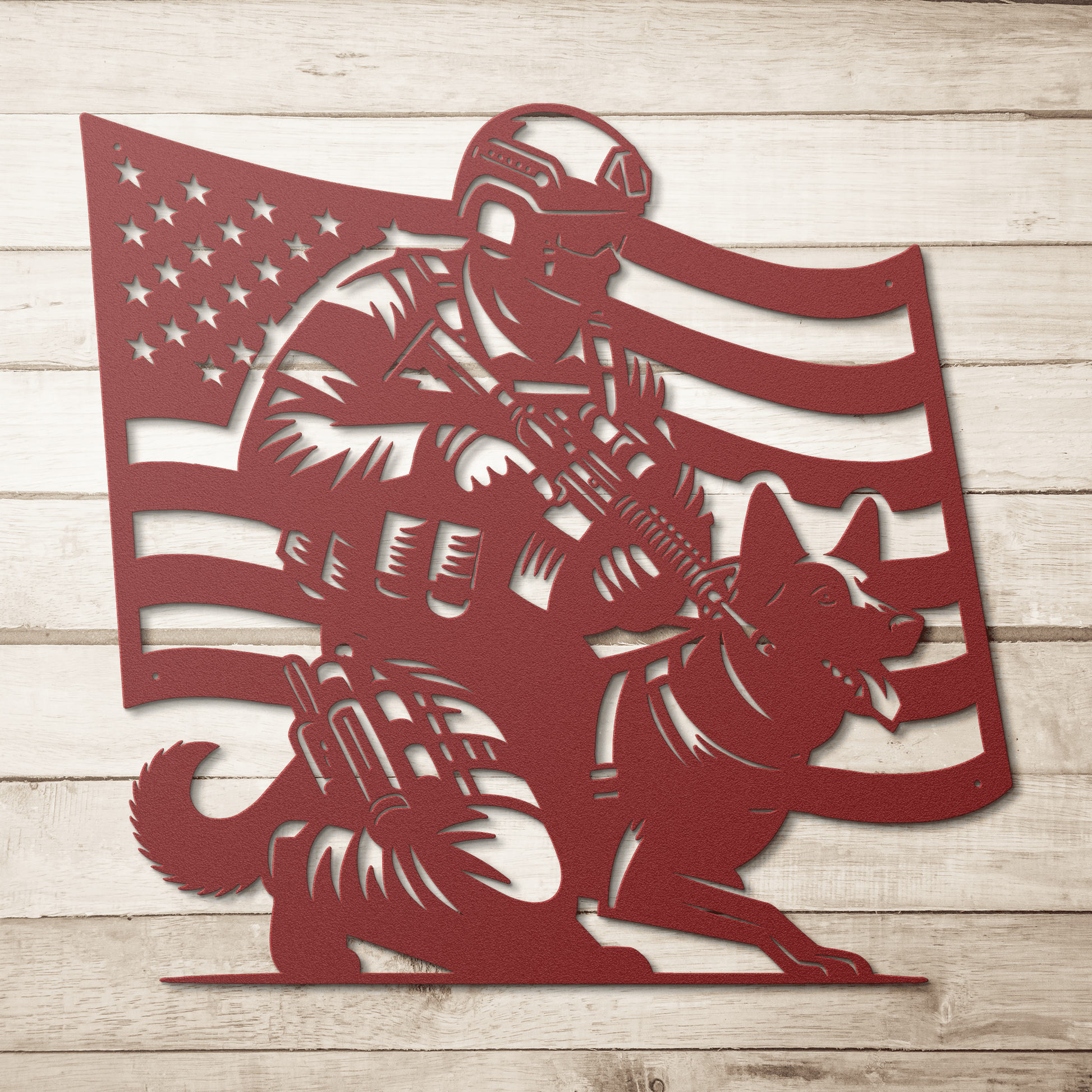 K - 9 Handler Tribute Metal Wall Art | Loyalty, Service & The American Flag - MAIKERU STUDIO