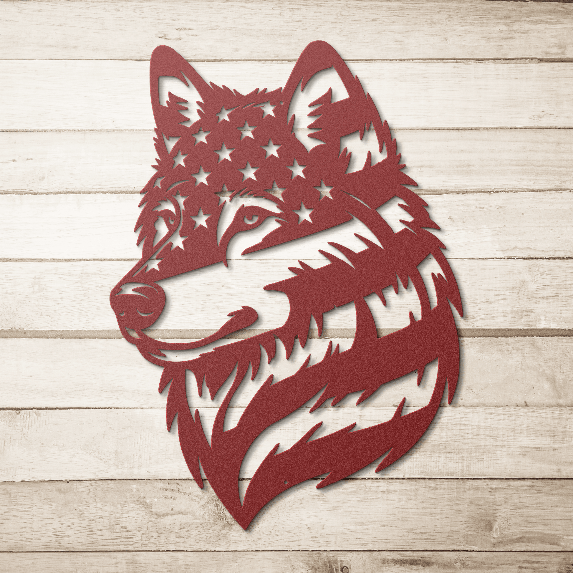 Lone Wolf Metal Wall Art | American Flag Wilderness Tribute - MAIKERU STUDIO