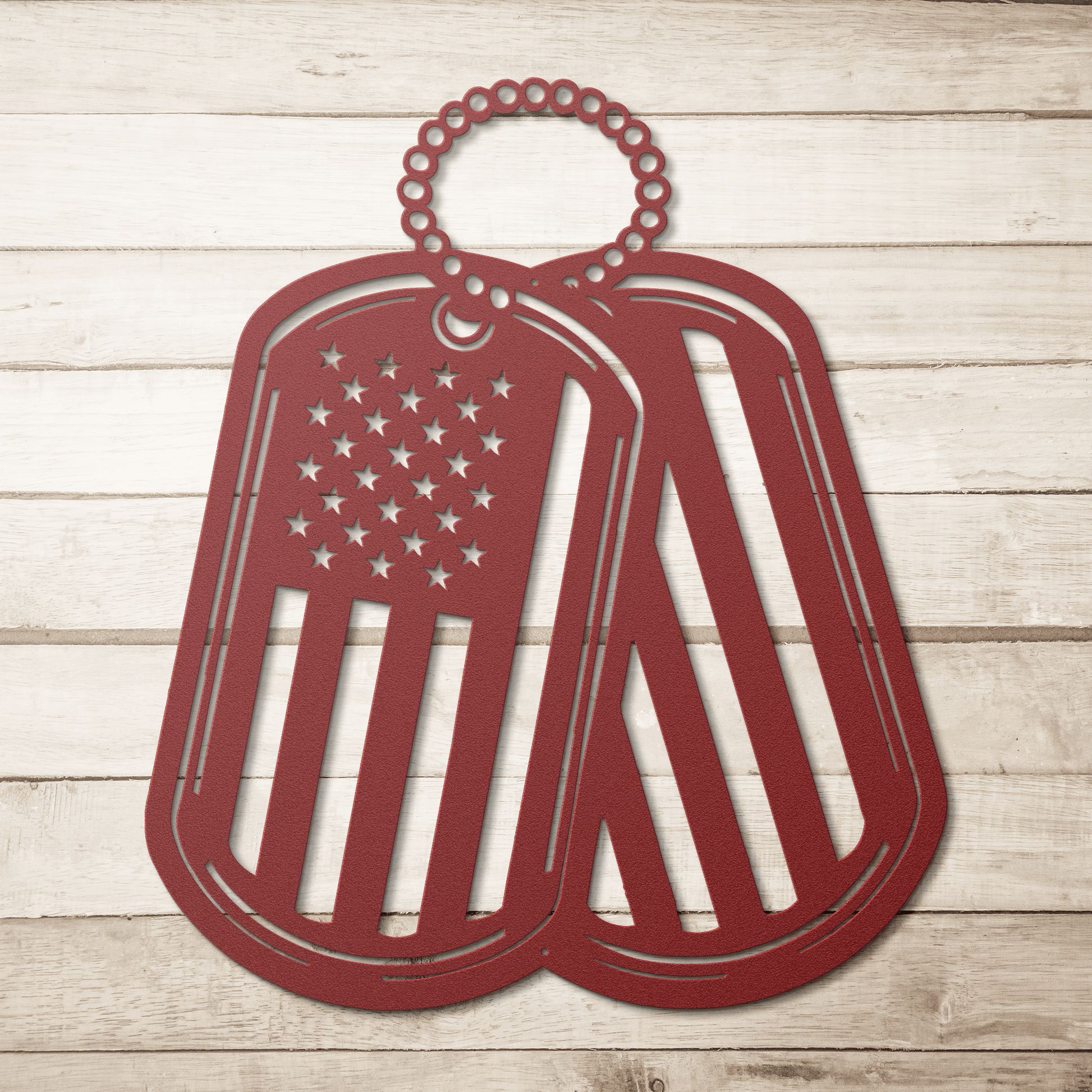 Never Forgotten - American Flag Dog Tag Metal Wall Art Tribute - MAIKERU STUDIO