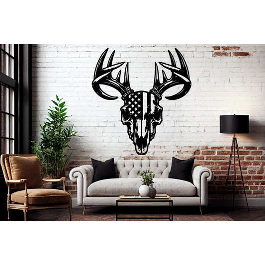 Patriotic Buck Skull Metal Wall Art | American Flag Trophy Mount Decor - MAIKERU STUDIO