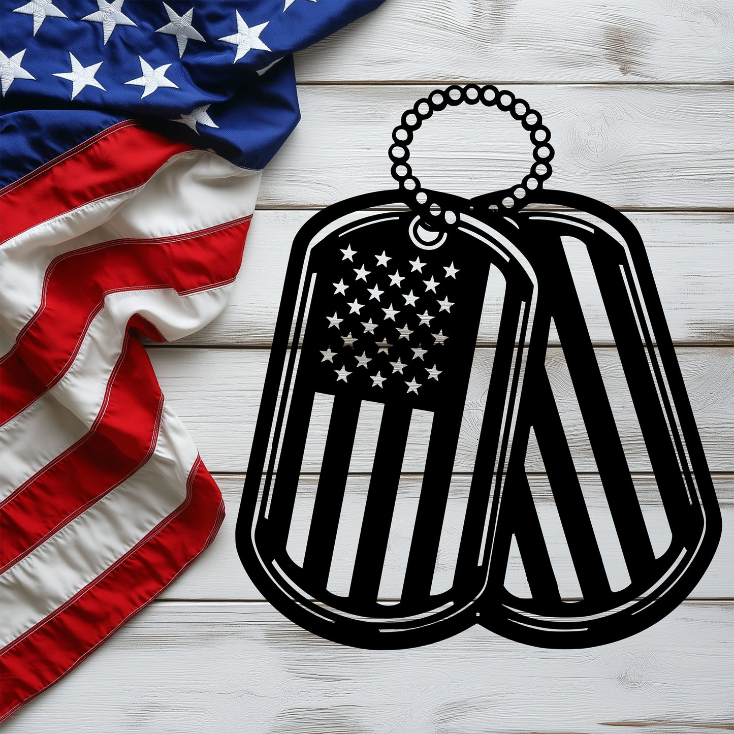 Never Forgotten - American Flag Dog Tag Metal Wall Art Tribute - MAIKERU STUDIO