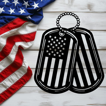 Never Forgotten - American Flag Dog Tag Metal Wall Art Tribute - MAIKERU STUDIO