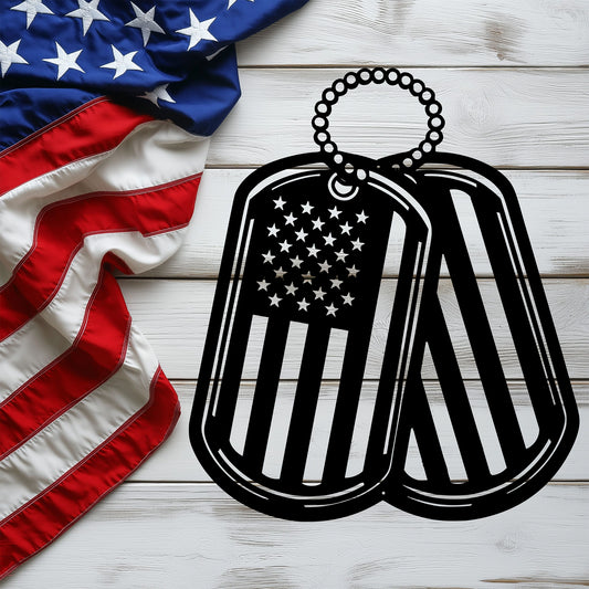 Never Forgotten - American Flag Dog Tag Metal Wall Art Tribute - MAIKERU STUDIO