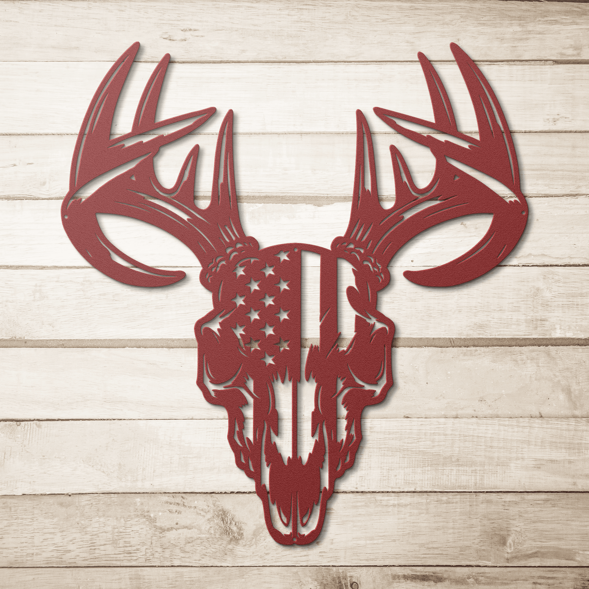 Patriotic Buck Skull Metal Wall Art | American Flag Trophy Mount Decor - MAIKERU STUDIO