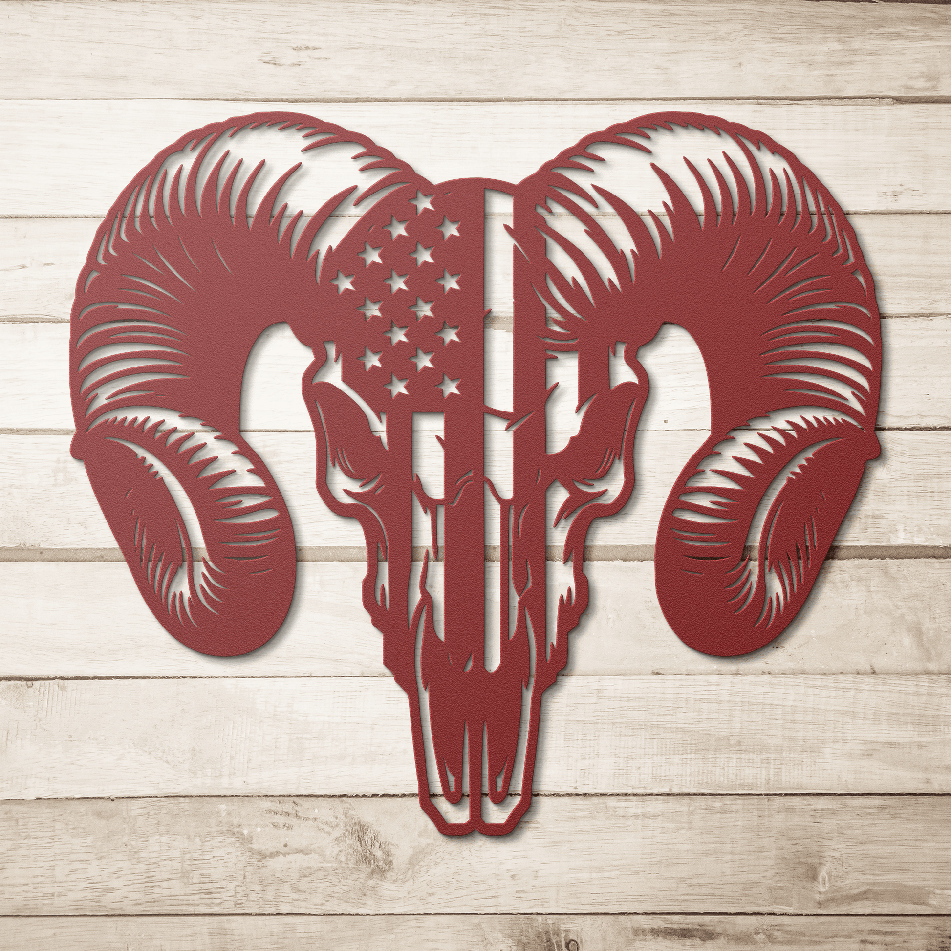 Patriotic Ram Skull Metal Wall Art | Rustic Ranch Strength Tribute - MAIKERU STUDIO