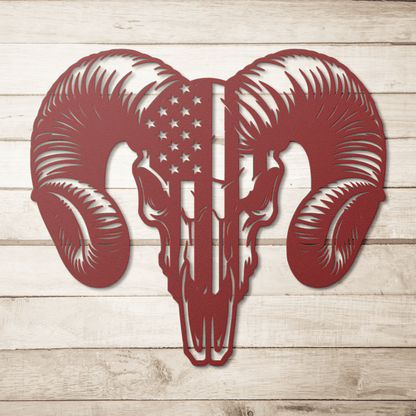 Patriotic Ram Skull Metal Wall Art | Rustic Ranch Strength Tribute - MAIKERU STUDIO