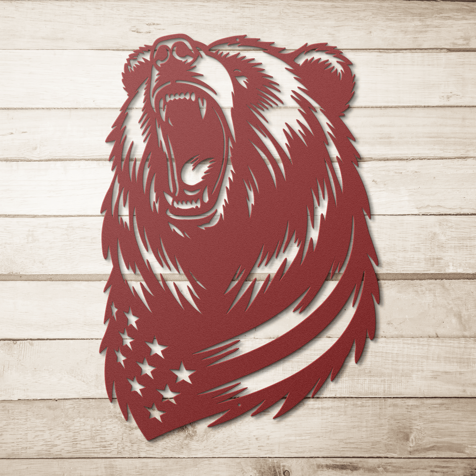 Roaring Grizzly Bear With American Flag Metal Wall Art - Patriotic Wilderness Decor - MAIKERU STUDIO