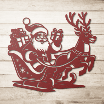 Santa Claus In Sleigh With Reindeer Metal Wall Art - MAIKERU STUDIO