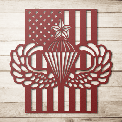 Senior Parachutist Badge Metal Wall Art | Airborne Jump Wings With American Flag - MAIKERU STUDIO