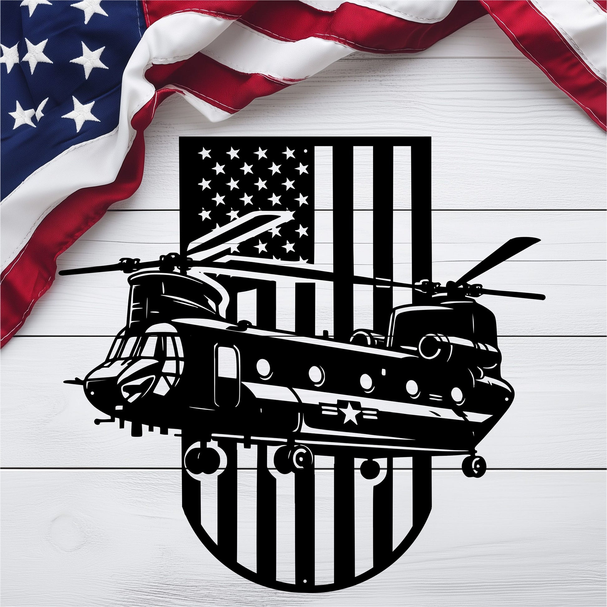 US Chinook Helicopter With American Flag Metal Wall Art - MAIKERU STUDIO