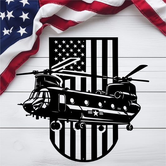 US Chinook Helicopter With American Flag Metal Wall Art - MAIKERU STUDIO