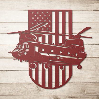 US Chinook Helicopter With American Flag Metal Wall Art - MAIKERU STUDIO