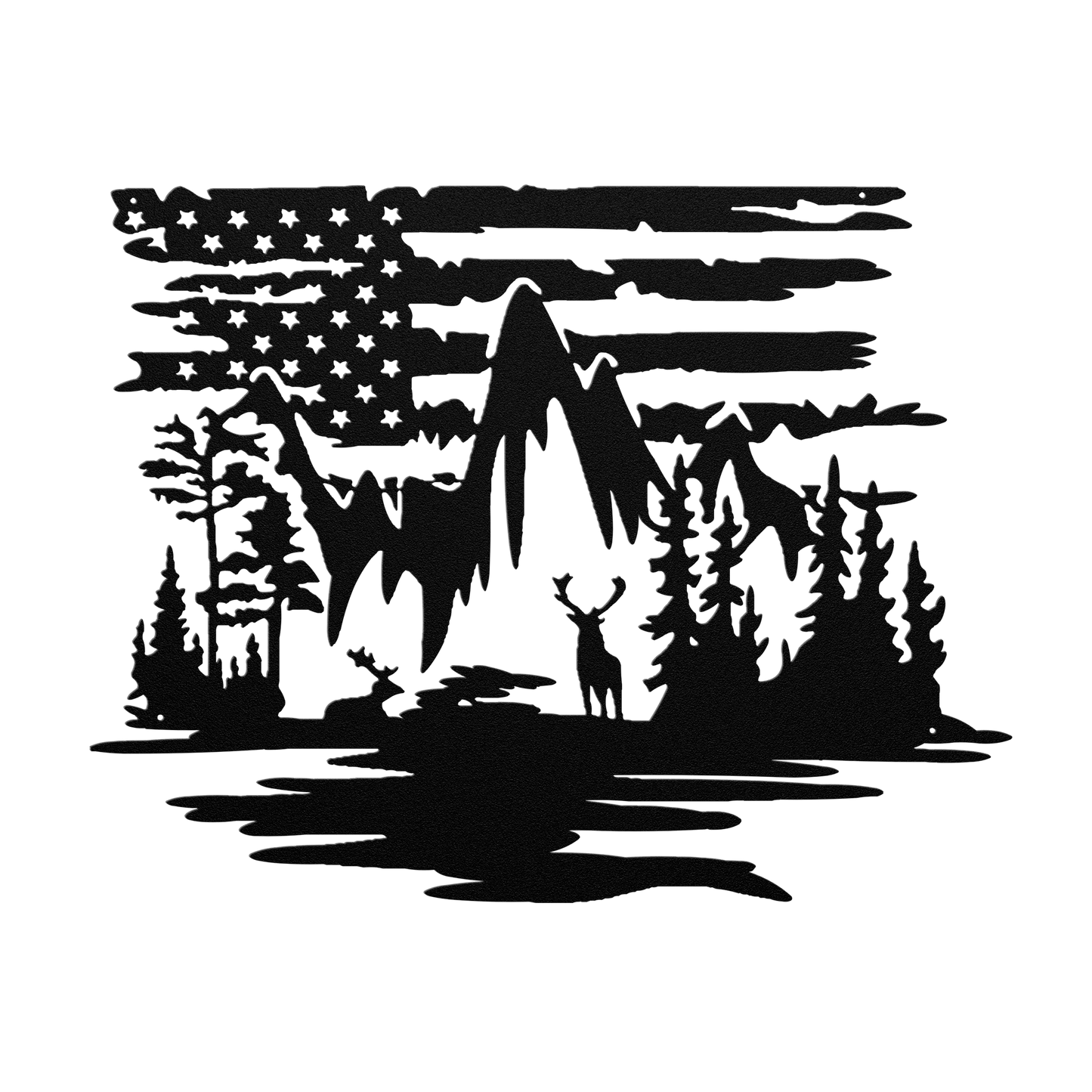 US Deer mountain Scene With American Flag Metal Wall Art - MAIKERU STUDIO
