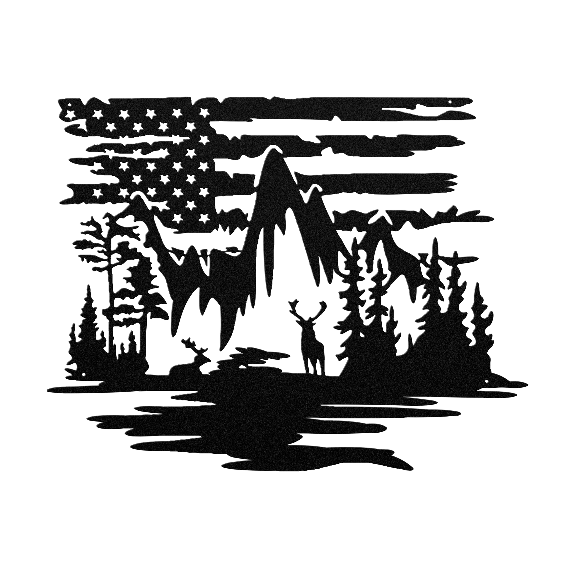 US Deer mountain Scene With American Flag Metal Wall Art - MAIKERU STUDIO