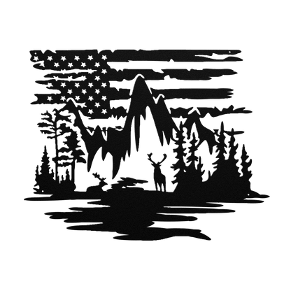 US Deer mountain Scene With American Flag Metal Wall Art - MAIKERU STUDIO