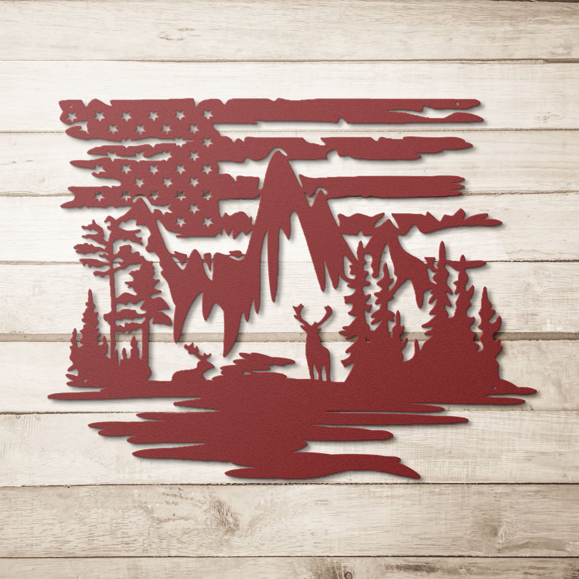 US Deer mountain Scene With American Flag Metal Wall Art - MAIKERU STUDIO