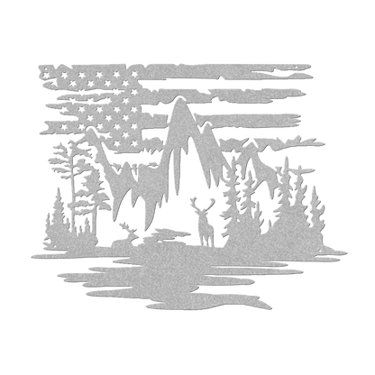 US Deer mountain Scene With American Flag Metal Wall Art - MAIKERU STUDIO