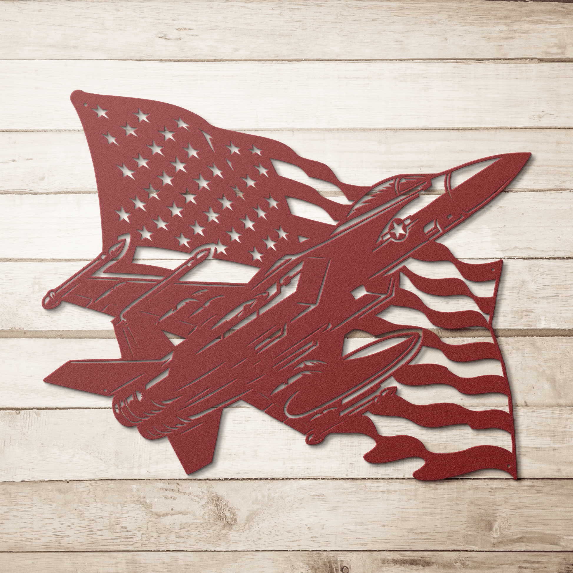 US Fighter Jet With American Flag Metal Wall Art - MAIKERU STUDIO