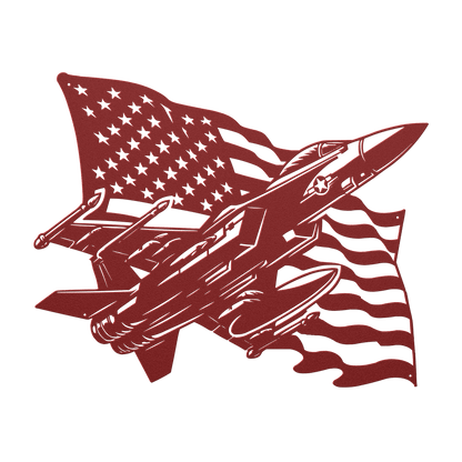 US Fighter Jet With American Flag Metal Wall Art - MAIKERU STUDIO