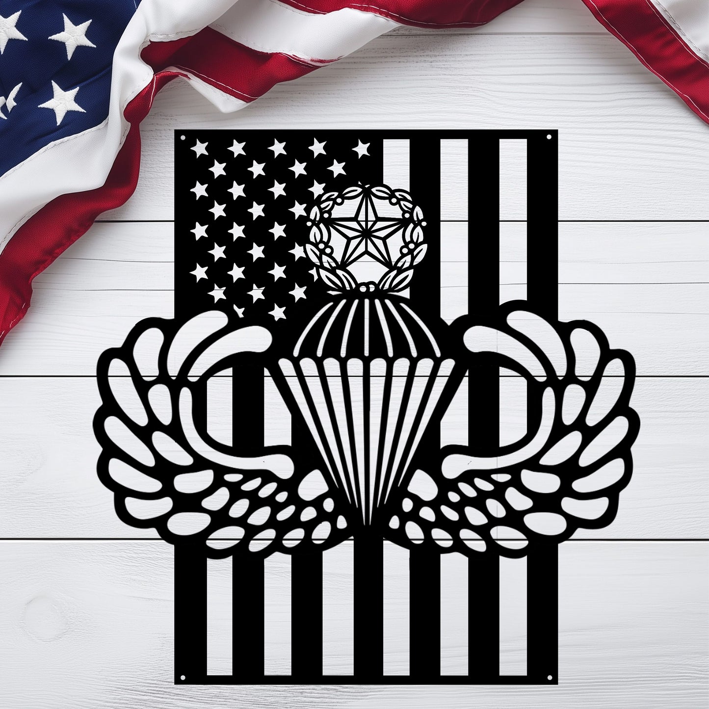 Master Parachutist Badge Metal Wall Art | Airborne Wings with American Flag - MAIKERU STUDIO