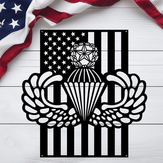 Master Parachutist Badge Metal Wall Art | Airborne Wings with American Flag - MAIKERU STUDIO