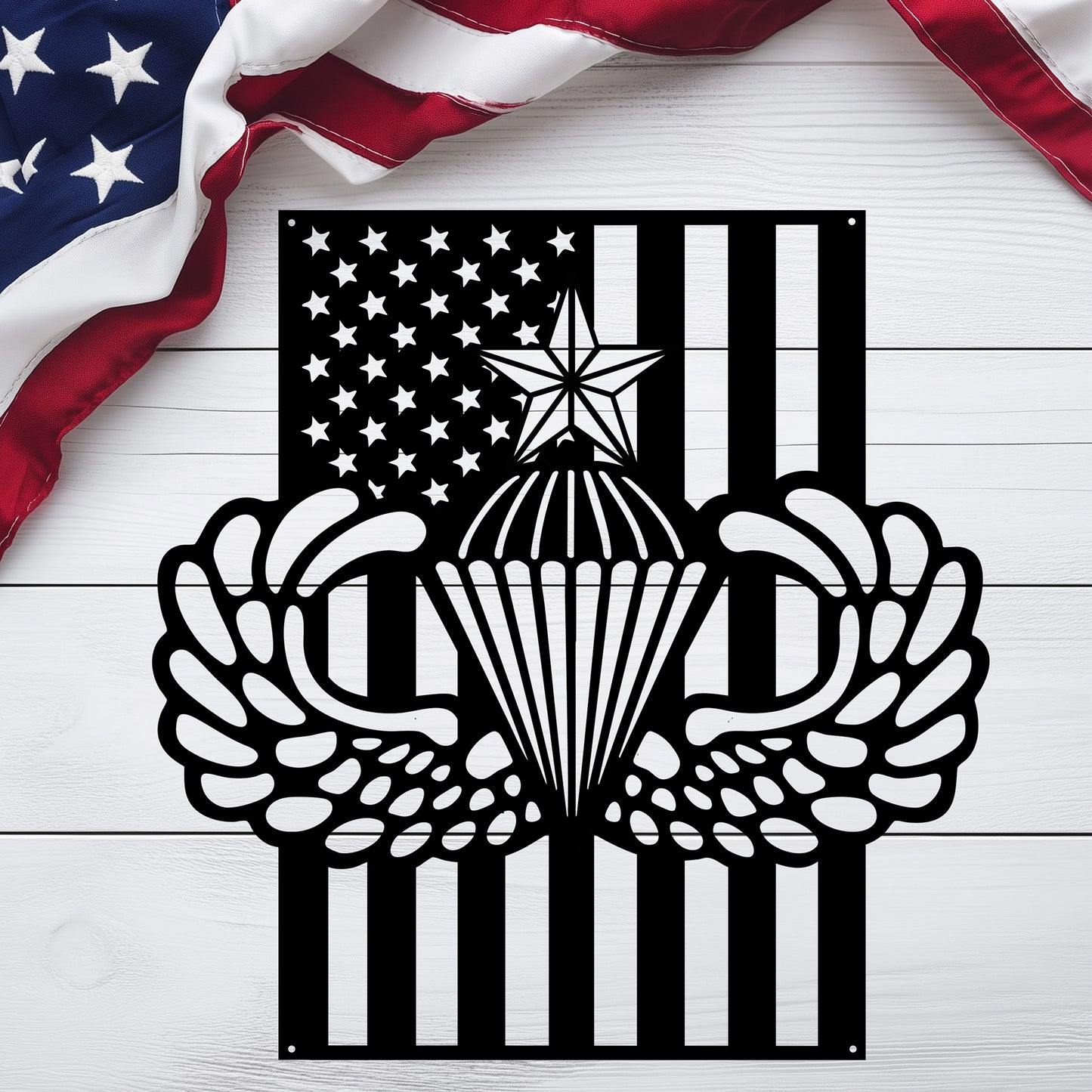 Senior Parachutist Badge Metal Wall Art | Airborne Jump Wings With American Flag - MAIKERU STUDIO