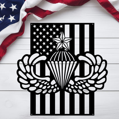 Senior Parachutist Badge Metal Wall Art | Airborne Jump Wings With American Flag - MAIKERU STUDIO