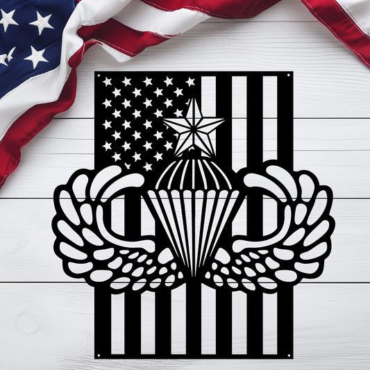 Senior Parachutist Badge Metal Wall Art | Airborne Jump Wings With American Flag - MAIKERU STUDIO